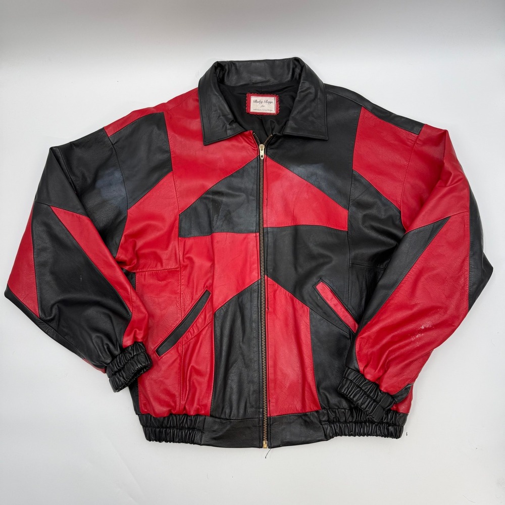 Baby Raye Unisex XL Leather Jacket Red Black Patchwork Geometric Bomber Vintage